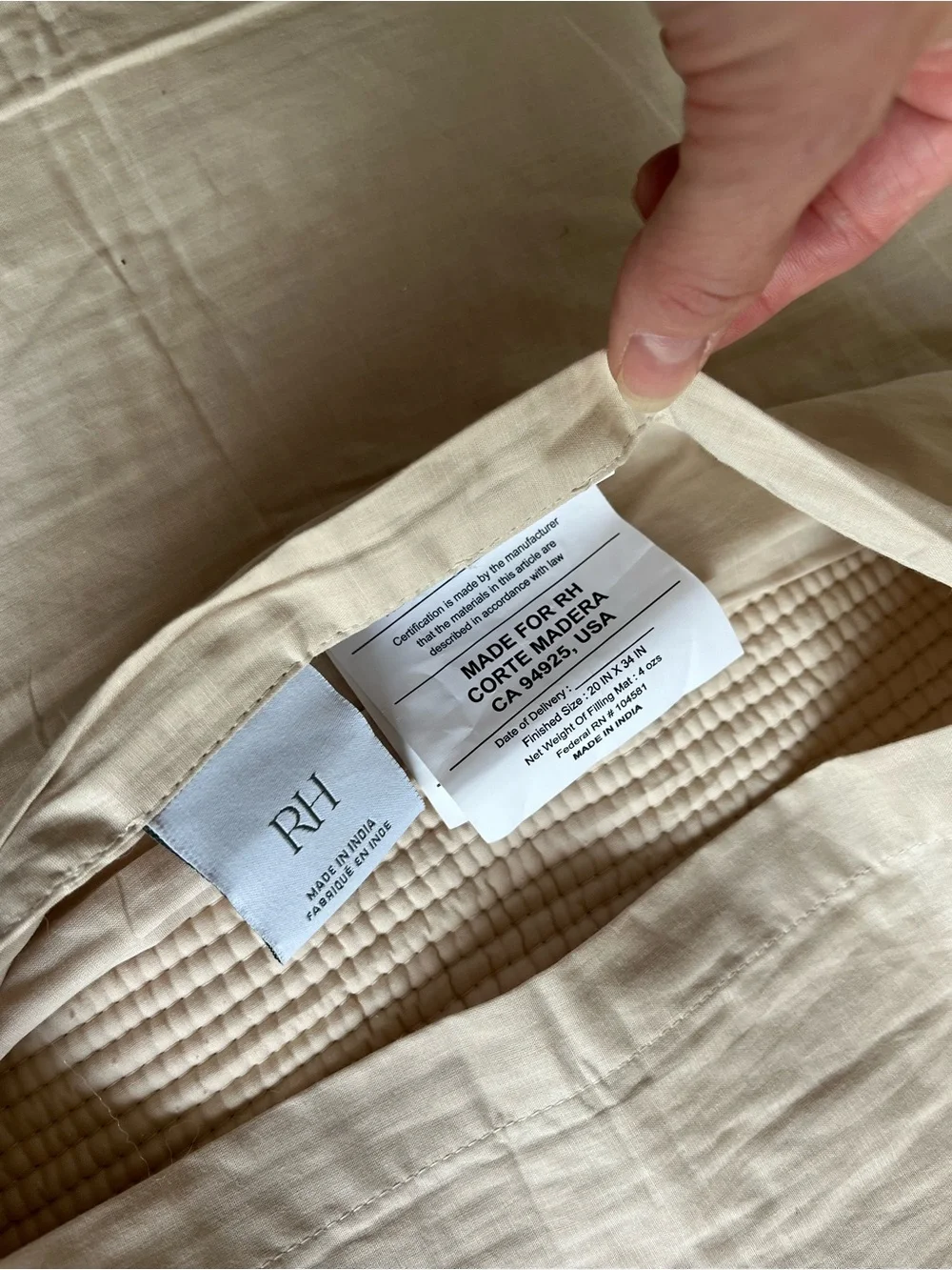 NWOT Restoration Hardware RH King Pillow Sham Ivory Quilted 100% Cotton Neutral